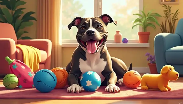 A vibrant illustration of a happy pitbull dog surrounded by a variety of top-rated toys, including chew toys, tug ropes, puzzle treat dispensers, durable b