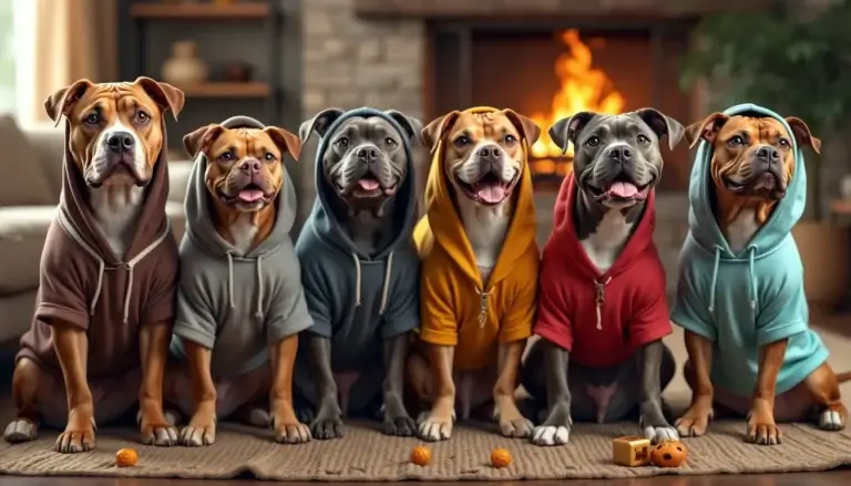 A line-up of six Pitbulls wearing stylish and cozy hoodies in various colors and patterns. The setting is a warm, homey living room with a comfy couch, som