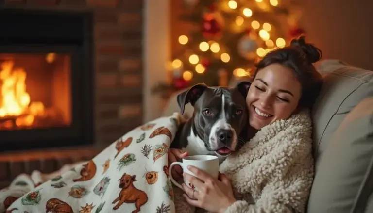 A cozy living room scene with a plush, soft blanket featuring adorable pitbull designs draped over a comfortable sofa. In the forefront, a person is cuddle