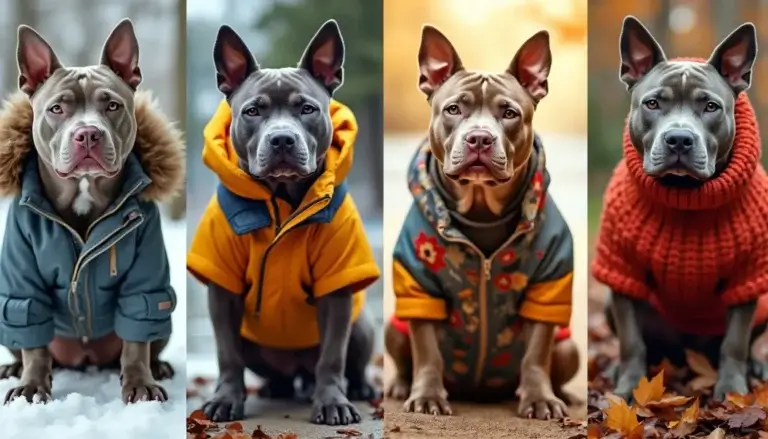 A stylish pitbull dog wearing various trendy and functional outfits for different seasons. In the image, the pitbull could be showcased in a cozy winter co